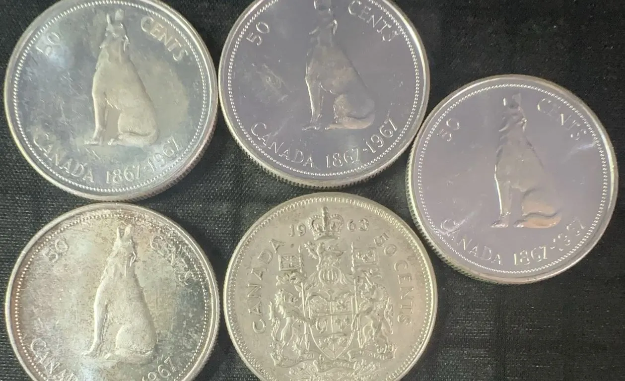 5 Canadian .800 Silver Half Dollars, 58.3g Total Weight