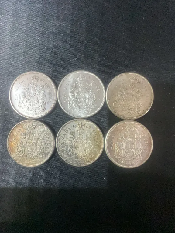 6 Canadian .800 Silver Half Dollars, 70g Total Weight