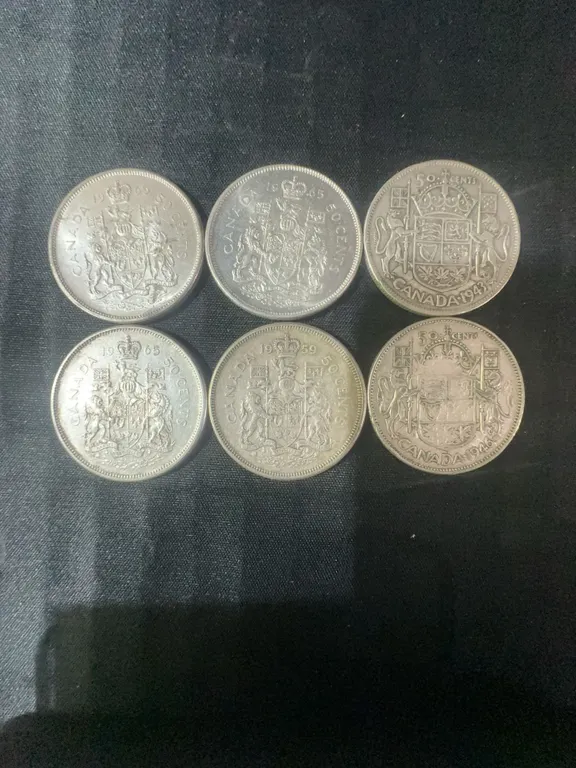 6 Canadian .800 Silver Half Dollars, 70g Total Weight