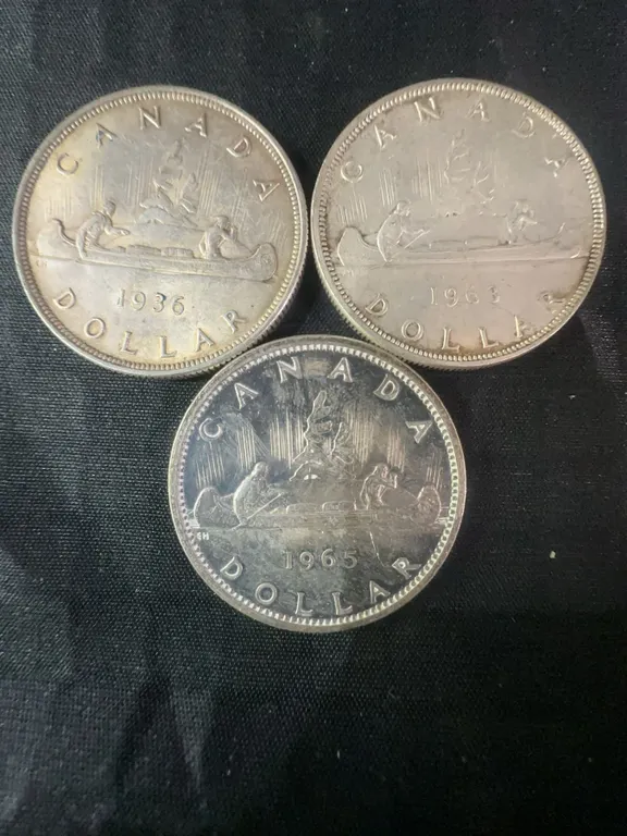 3 Canadian .800 Silver Dollar Coins, 1936, 1963, 1965, 70g