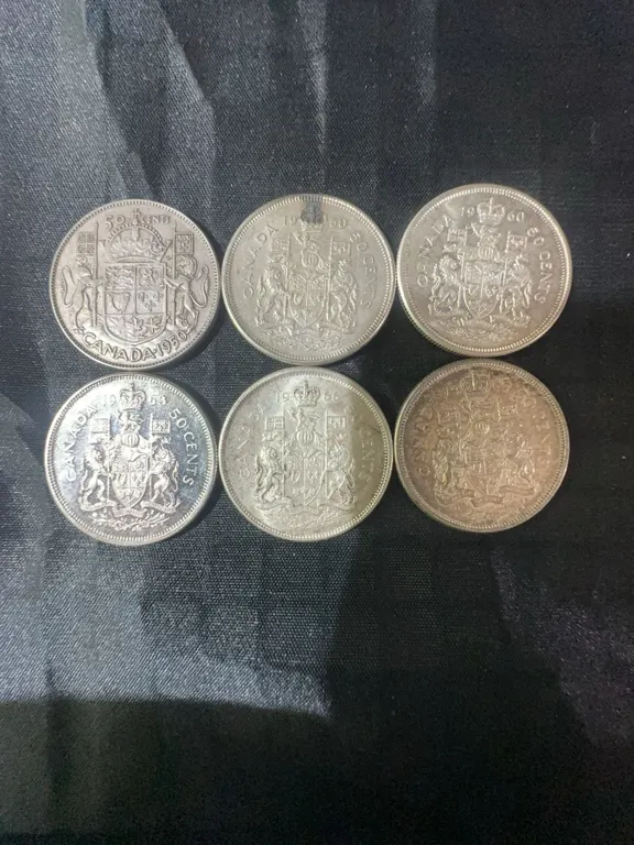 6 Canadian .800 Silver Half Dollar Coins, 70g Total Weight