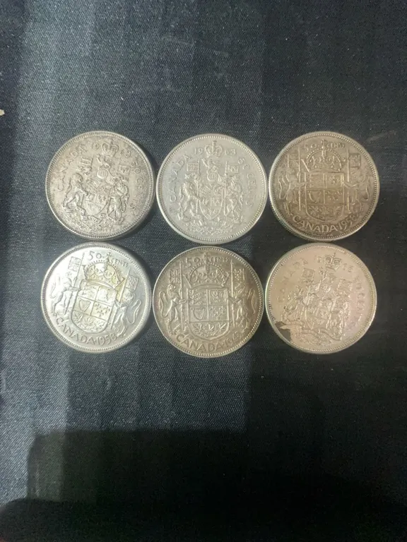6 Canadian .800 Silver Half Dollars, 70g, 1.80 Troy Oz
