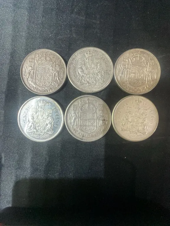 6 Canadian .800 Silver Half Dollars, 70g Total, Various Years