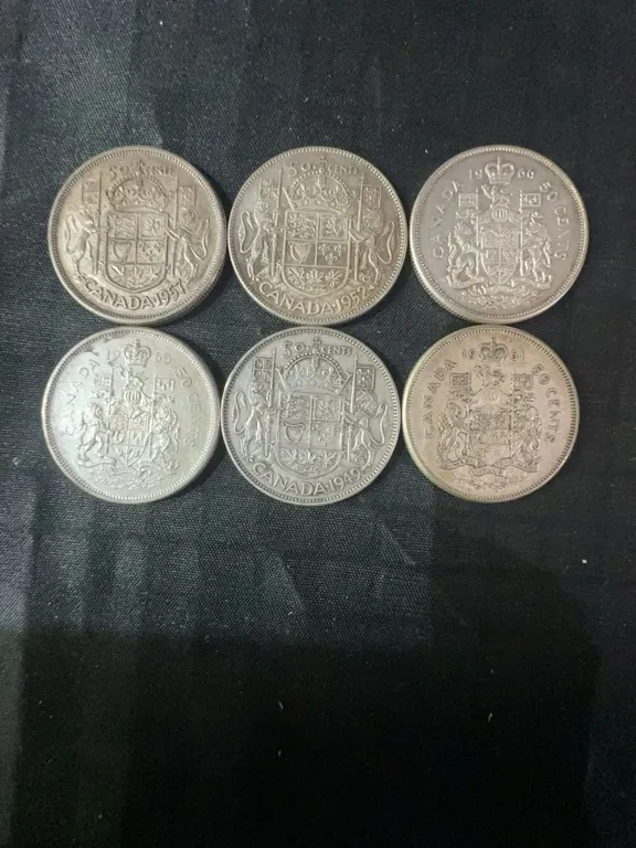 6 Canadian .800 Silver Half Dollars, 70g, 1.80 Troy Ounces