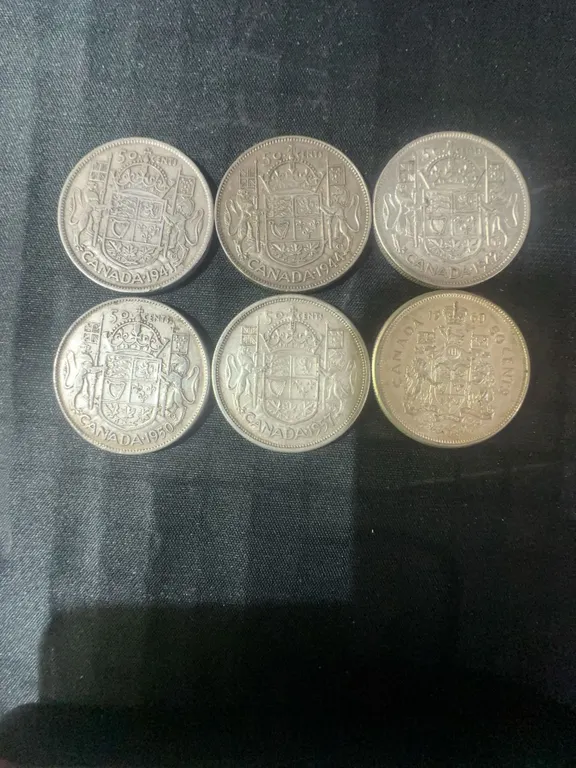 6 Canadian .800 Silver Half Dollars, 70g Total Weight