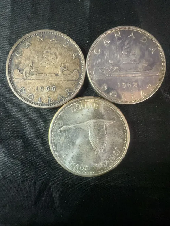 3 Canadian .800 Silver Dollar Coins, 1962, 1966, 1967, 70g