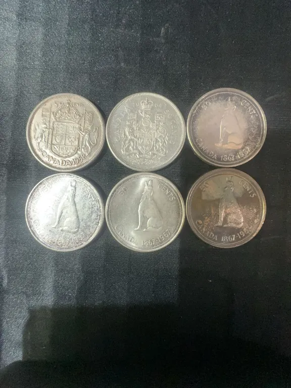 6 Canadian .800 Silver Half Dollars, 70g Total, 1.80 Troy Oz Silver