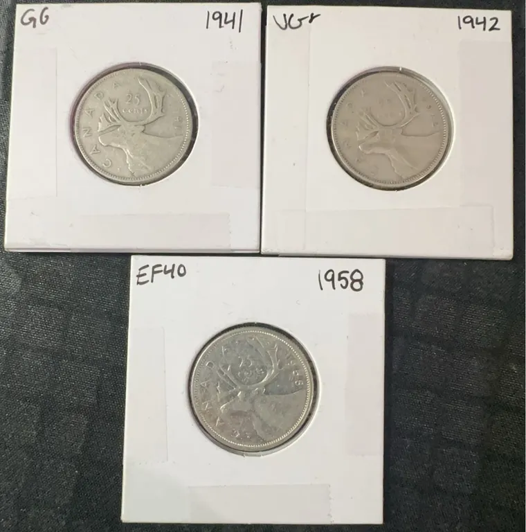 3 Canadian Silver Dollars: 1941, 1942, 1958
