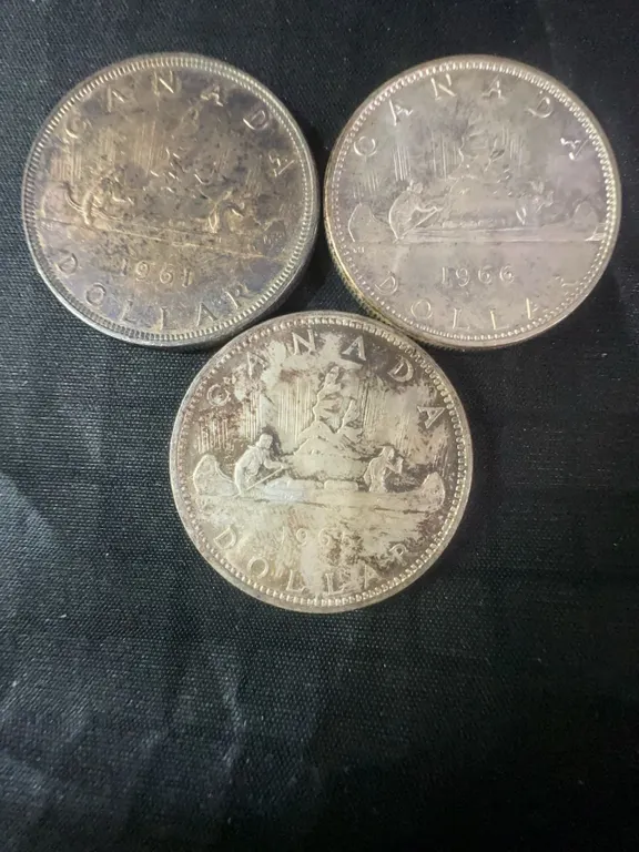 Three Canadian .800 Silver Dollar Coins, 1965-1966, 70g