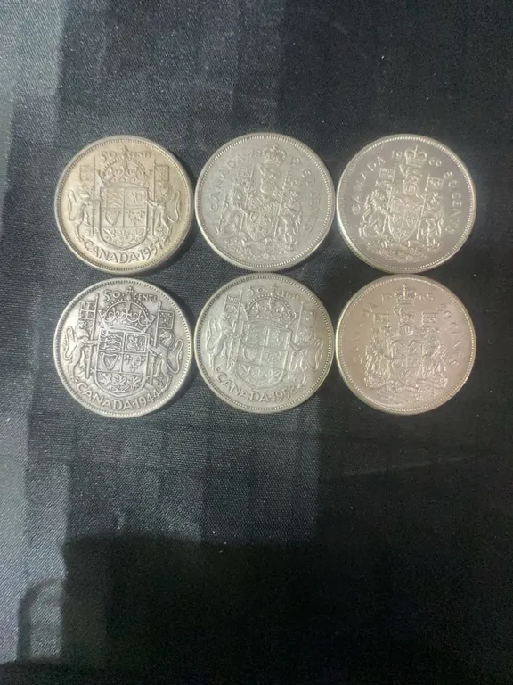 6 Canadian .800 Silver Half Dollars, 70g Total Weight
