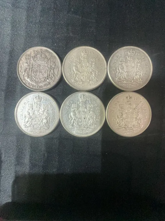 6 Canadian .800 Silver Half Dollars, 70g Total, 1.80 Troy Oz