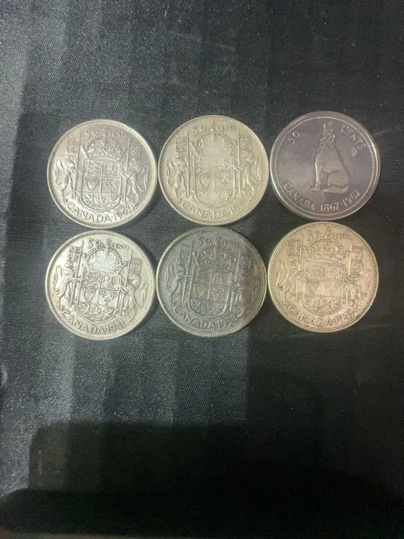6 Canadian .800 Silver Half Dollars, 70g Total Weight