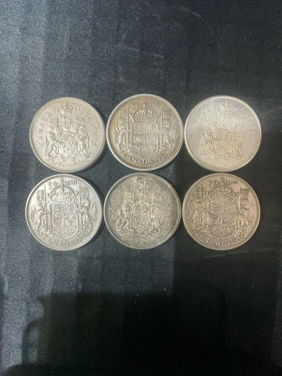 6 Canadian .800 Silver Half Dollars, 70g Total Silver