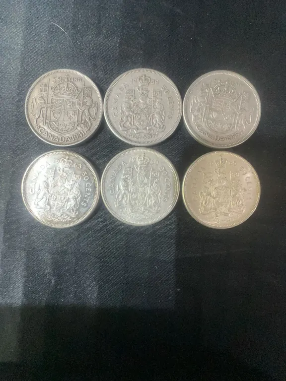 6 Canadian .800 Silver Half Dollars, 70g Total Weight