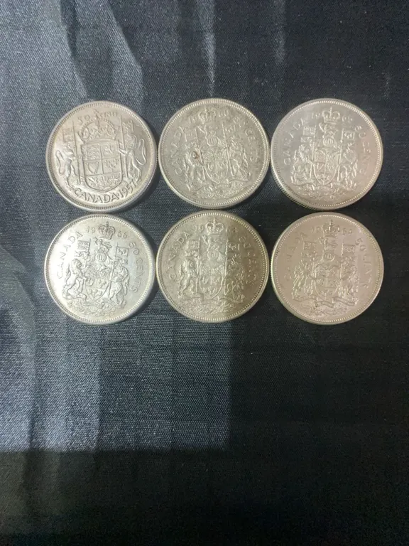 Six .800 Silver Canadian Half Dollar Coins, 70g Total