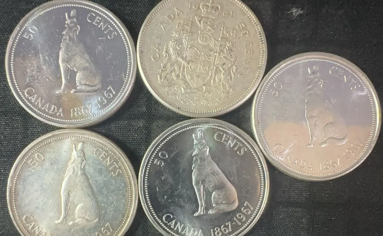 5 .800 Silver Canadian Half Dollars, 58.3g Total Weight