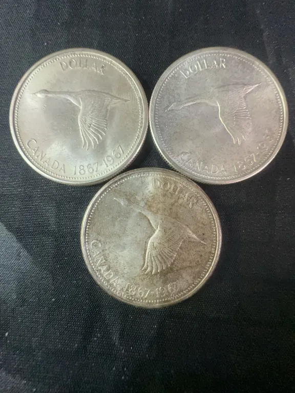 3 Canadian 1867-1967 Centennial .800 Silver Dollar Coins, 70g