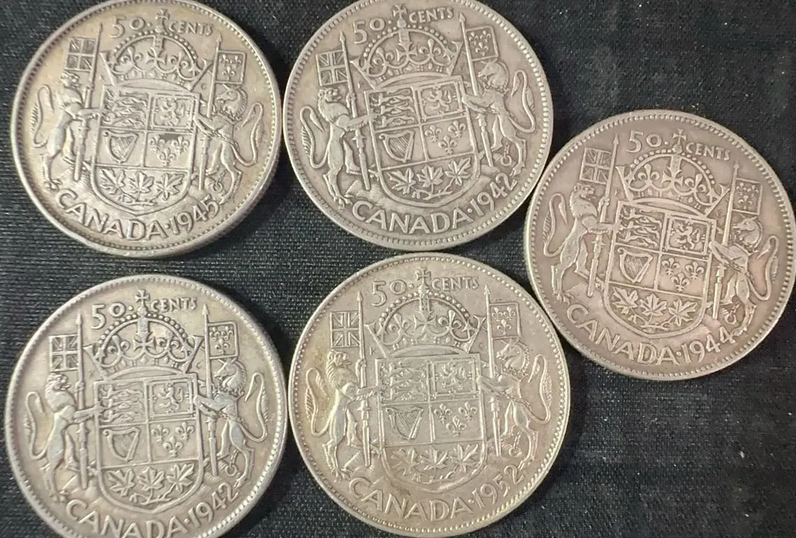 5 Canadian 50 Cent .800 Silver Coins, 1919-1936, 58g