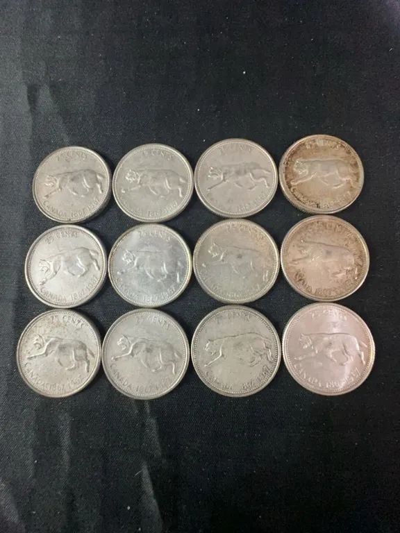 12 Canadian .800 Silver Centennial Quarters, 70g, 1.80 Troy Oz