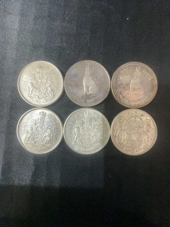 6 Canadian .800 Silver Half Dollars, 70g Total Silver Weight