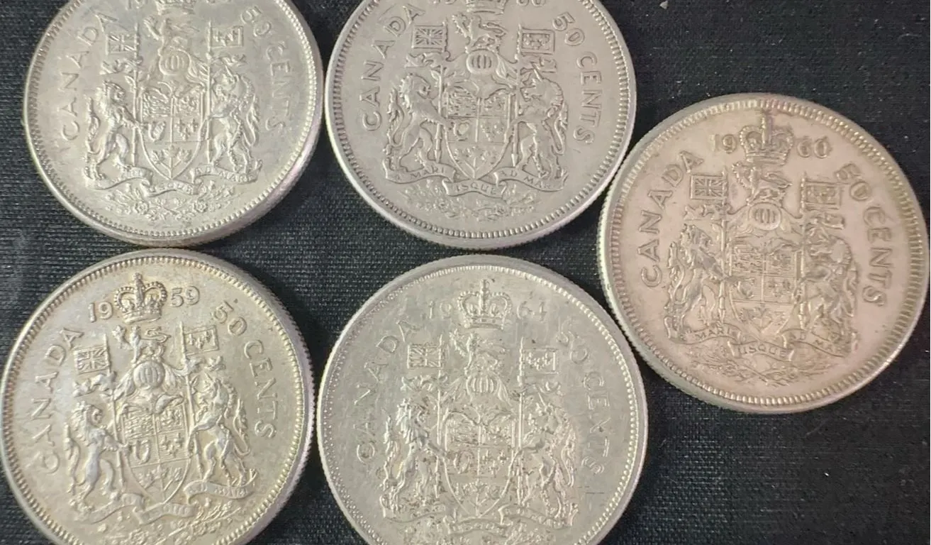 5 Canadian .800 Silver Half-Dollar Coins, 58g Total