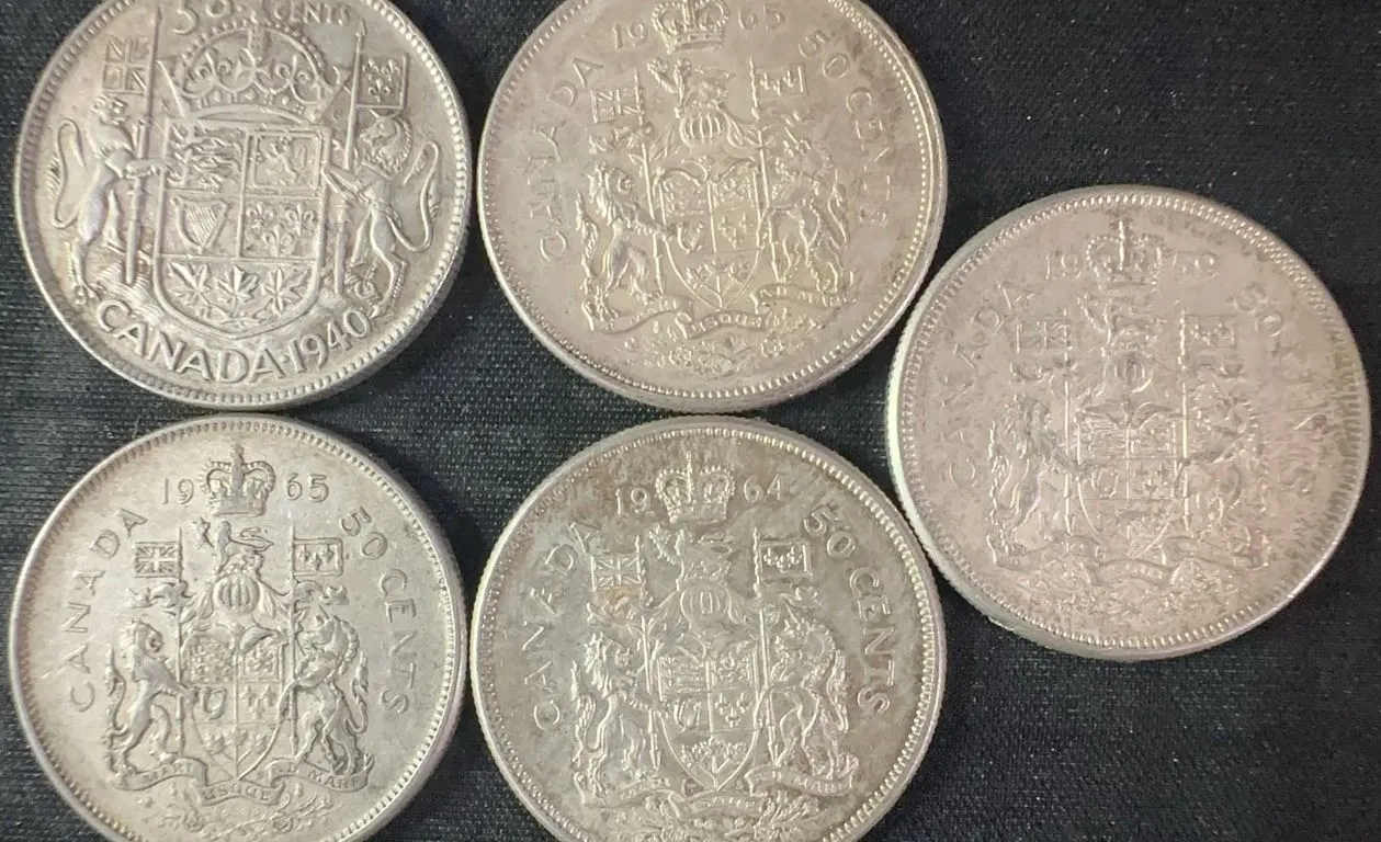 5 Canadian 50 Cents .800 Silver Coins, 58g Total, 1.50 Troy Oz
