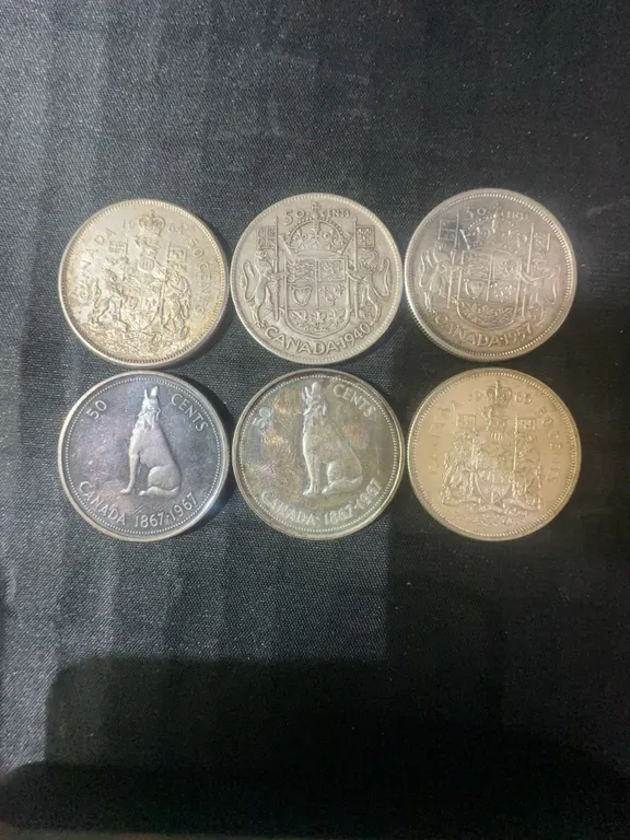 6 Canadian 50 Cent .800 Silver Coins, 1867–1967, 70g, 1.80 Troy Oz