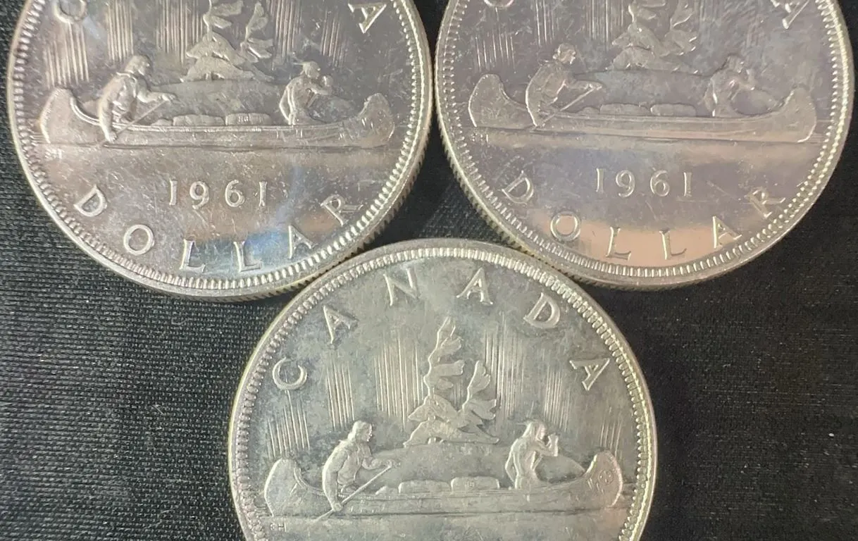 3 Canada 1961 .800 Silver Dollar Coins, 70g Total
