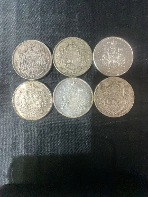 6 Canadian .800 Silver Half Dollars, 70g Total Weight
