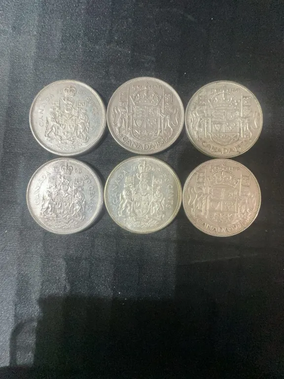 6 Canadian .800 Silver Half Dollars, 70g Total Weight