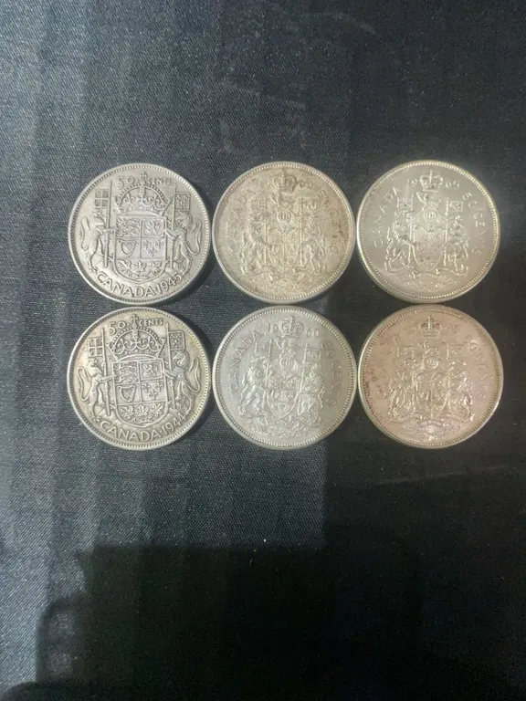 6 Canadian .800 Silver Half Dollars, 70g Total (1.80 Troy Oz)