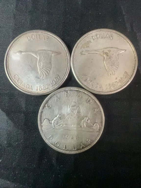 3 Canadian .800 Silver Dollar Coins, 1963 and Centennial 1967, 70g