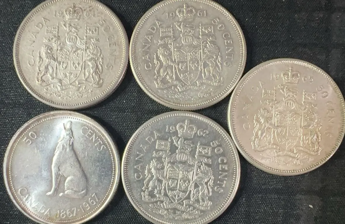 5 .800 Silver Canadian Half Dollars, 58.3g Total