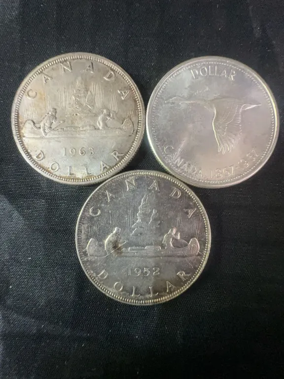 3 Canadian .800 Silver Dollar Coins, 1952–1967, 70g Total Weight