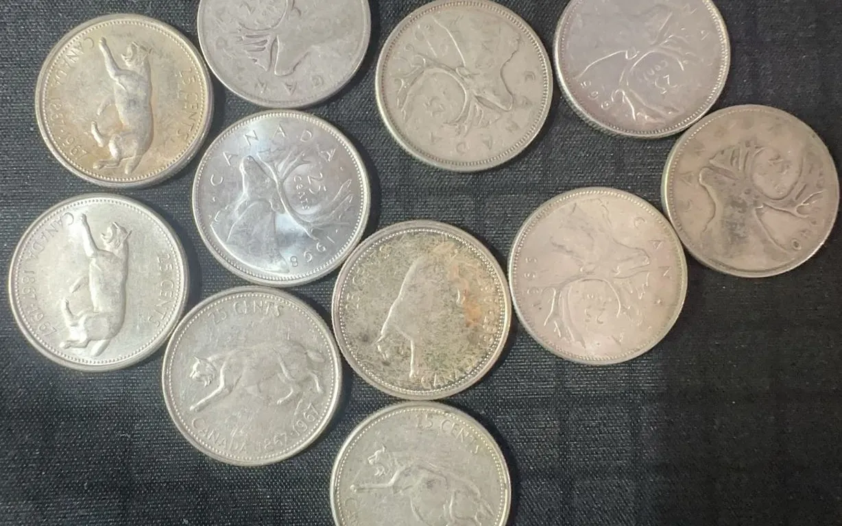 11 Canadian .800 Silver Quarters, 64g Total, 1.65 Troy Ounces