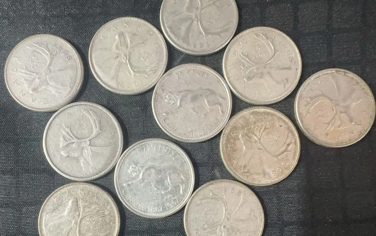 11 Canadian .800 Silver Quarters, 64g Total, 1.65 Troy Ounces