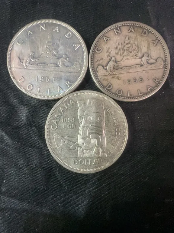 3 Canadian Silver Dollars, 1965/1966/1958, .800 Silver, 70g
