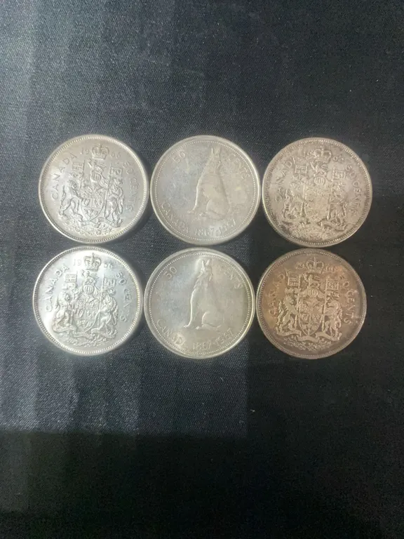 6 Canadian .800 Silver Half Dollars, 70g Total Weight