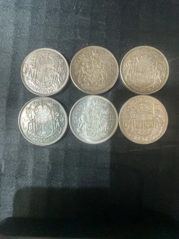 6 Canadian .800 Silver Half Dollars, 70g Total, 1.80 Troy Oz Silver