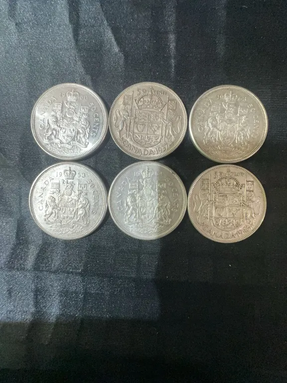 6 Canadian .800 Silver Half Dollar Coins, 70g Total