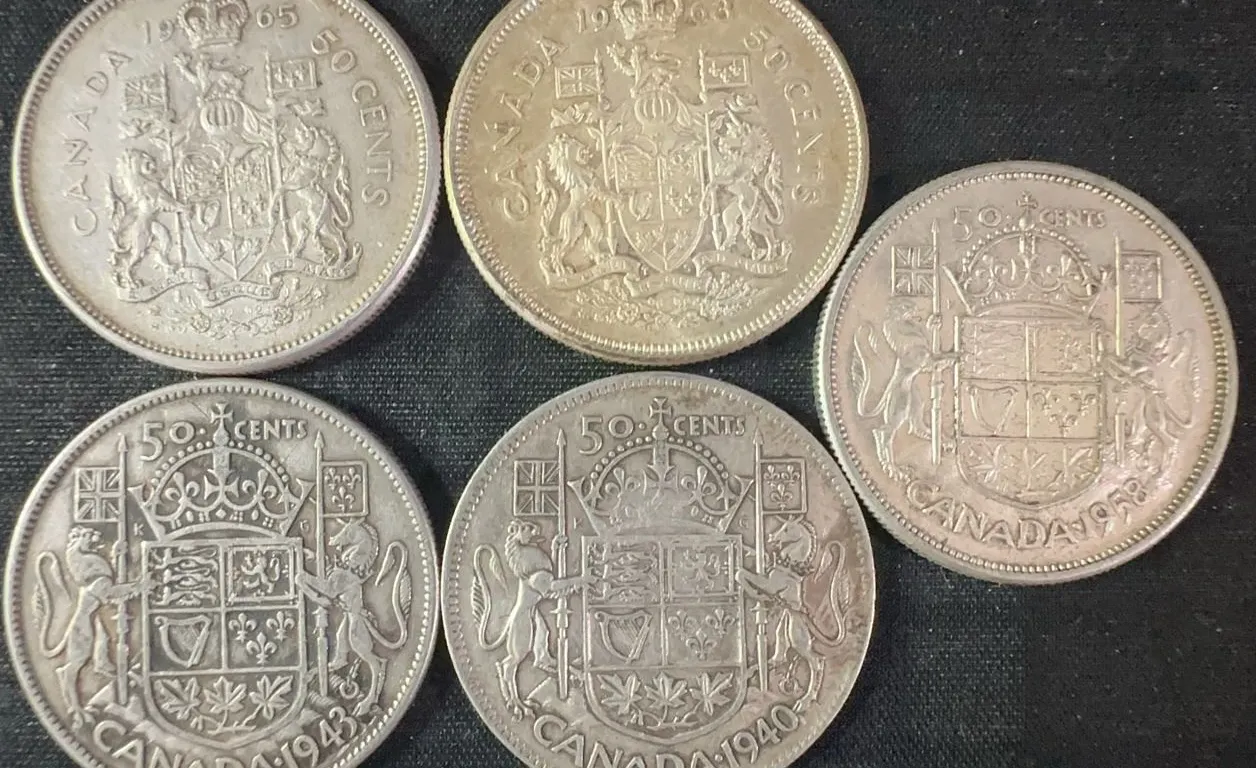 5 Canadian .800 Silver Half Dollars, 58g Total Silver Weight