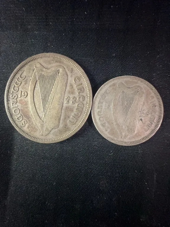 1928 Irish Half Crown and Shilling .750 Silver Coins, 20g