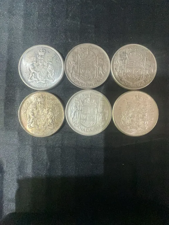 6 .800 Silver Canadian Half Dollars, 70g, 1.80 Troy Ounces