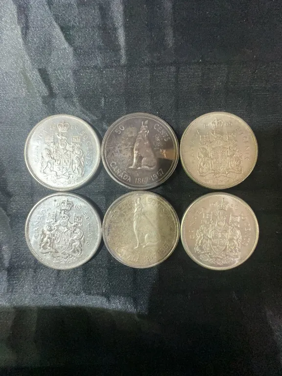 6 Canadian .800 Silver Half Dollar Coins, 70g Total