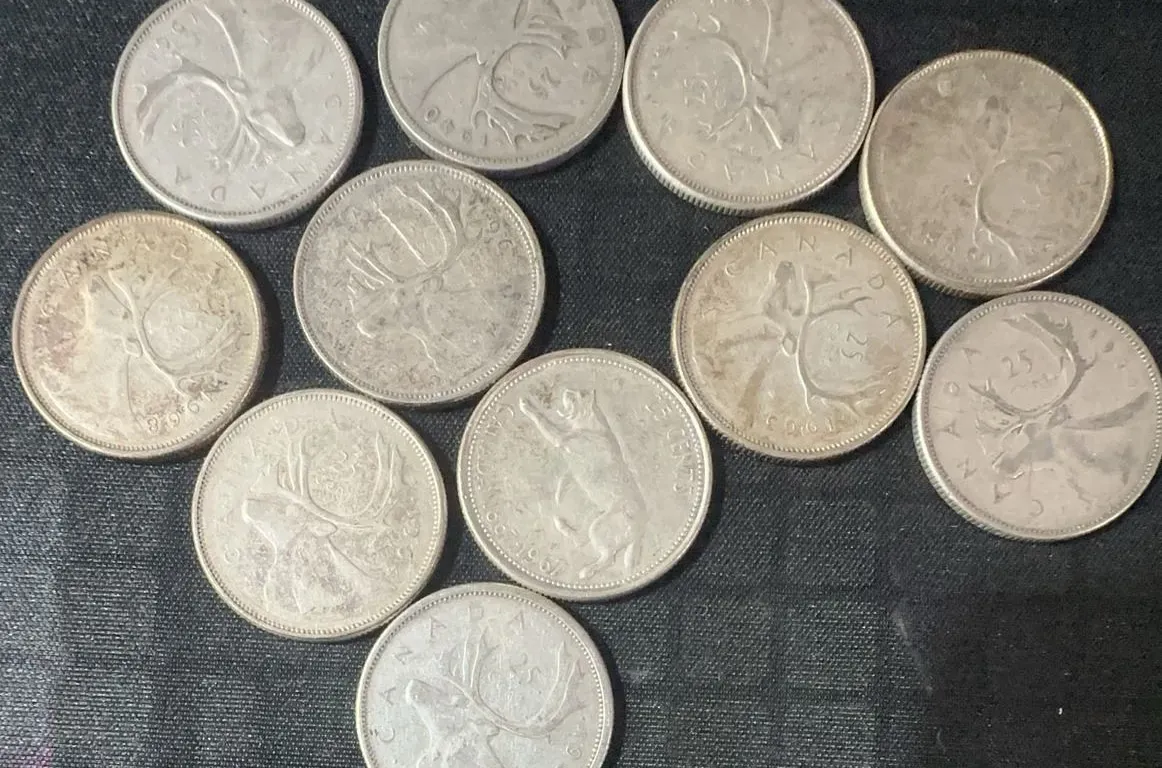 11 Canadian .800 Silver Quarters, 64g Total Weight