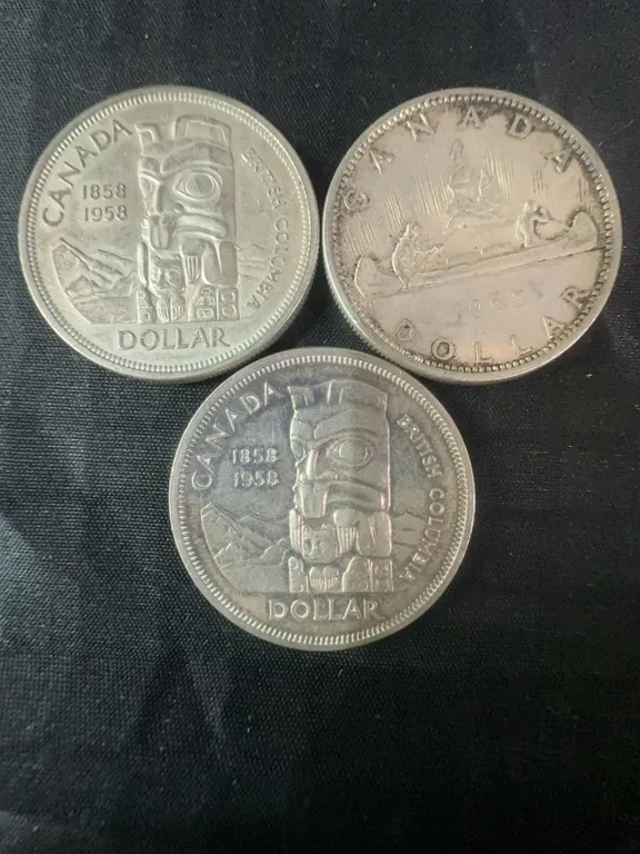 3 .800 Silver Canadian Dollar Coins, 70g, 1858-1958 & 1958 Designs