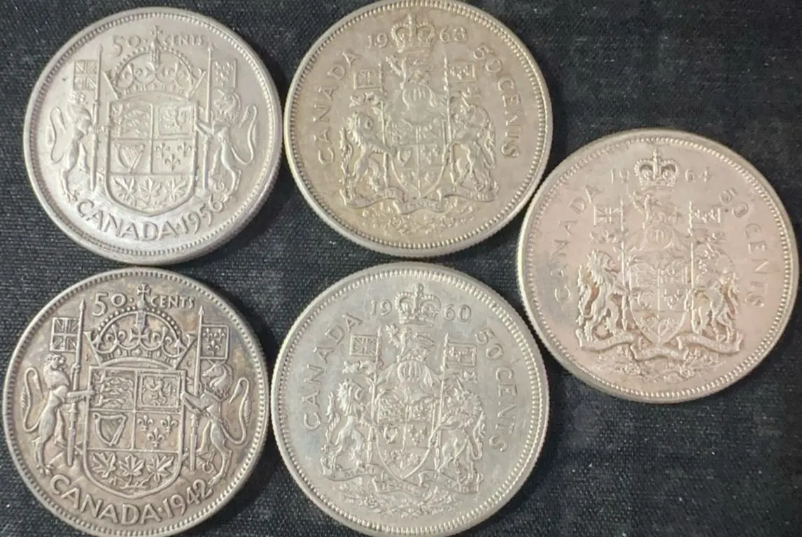 5 Canadian .800 Silver Half Dollars, 58.3g Total Silver Weight