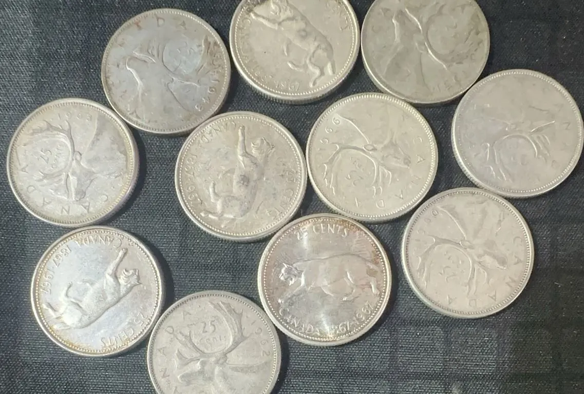 11 Canadian .800 Silver Quarters, 64g Total, 1.65 Troy Ounces