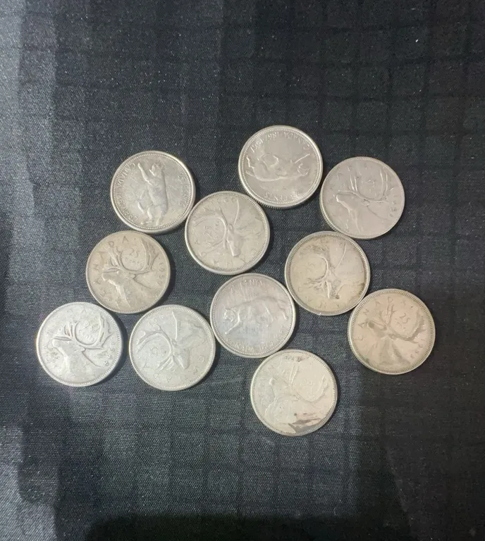 11 Canadian .800 Silver Quarters, 64g Total Weight