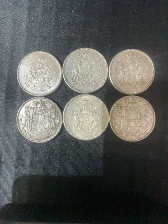 6 Canadian .800 Silver Half Dollar Coins, 70g Total Weight